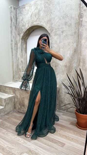 Emerald Single Sleeve Tulle Evening Dress