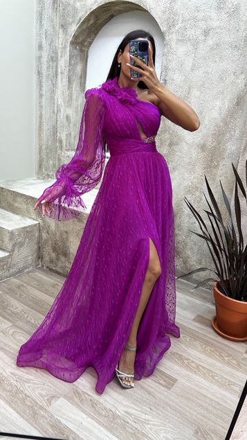 Fucsia Abito da sera in tulle a maniche singole