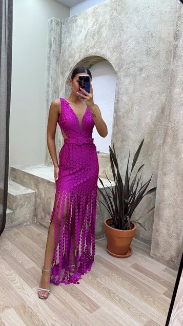 Fucsia Polka Dot Dettaglio Vita Cinturato Abito da sera