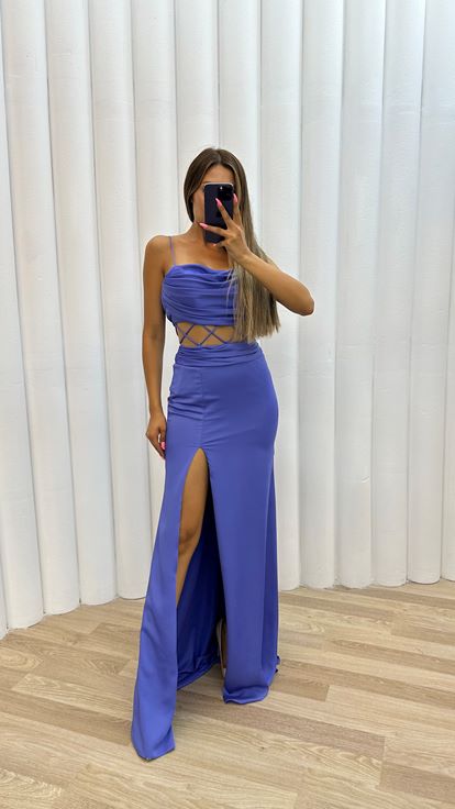 Lilac Rope Strap Waist Cross Detail Pleated Evening Dress