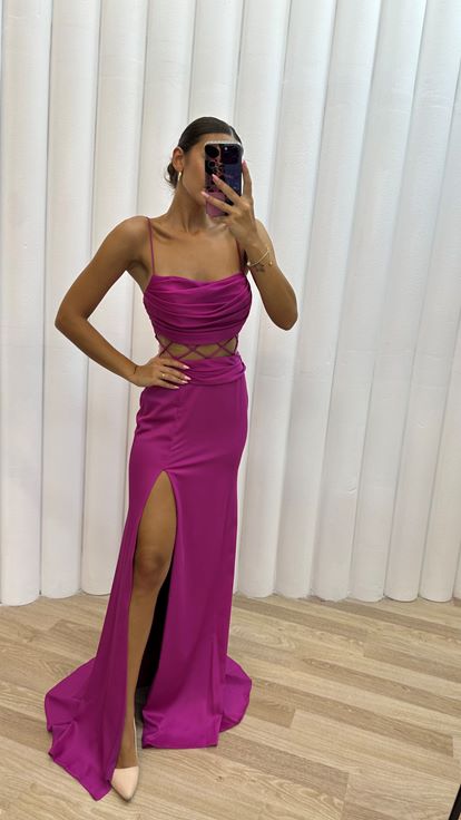 Vestido de noche con cordón con cordón en la cintura con correa de cuerda rosa