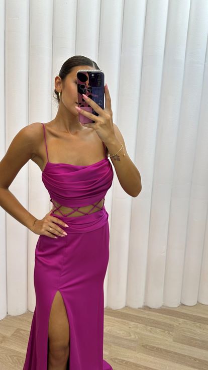 Vestido de noche con cordón con cordón en la cintura con correa de cuerda rosa