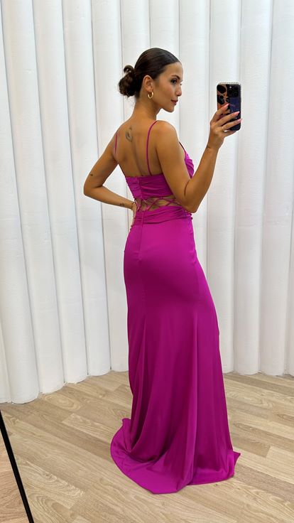 Vestido de noche con cordón con cordón en la cintura con correa de cuerda rosa