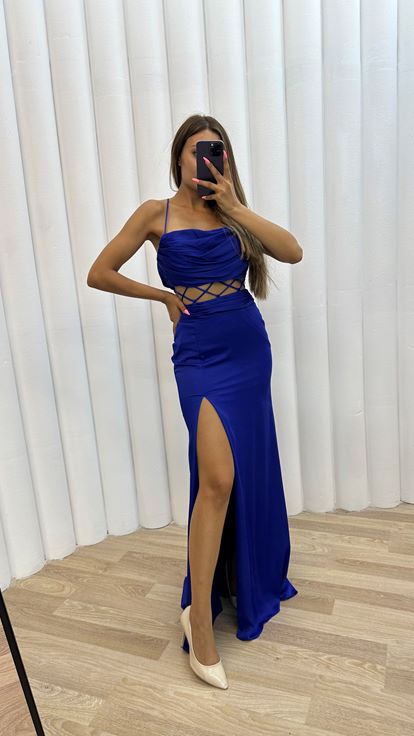 Vestido de noche con cordón con cordón en la cintura con correa de cuerda azul