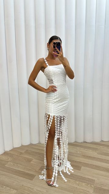 White Polka Dot Detailed Fringe Design Dress