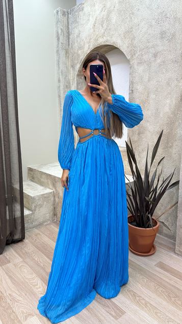 Blue Waist Detail Pleated Design Evening Dress