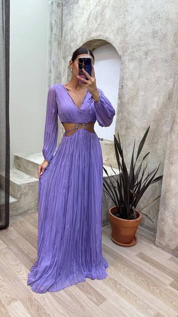 Lilac Waist Detail Pleated Design Evening Dress
