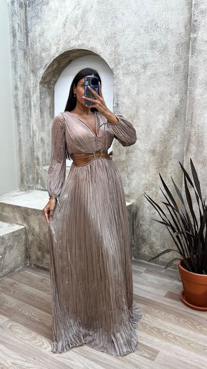 Beige Abito da sera plissé con dettaglio in vita
