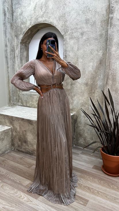 Beige Abito da sera plissé con dettaglio in vita