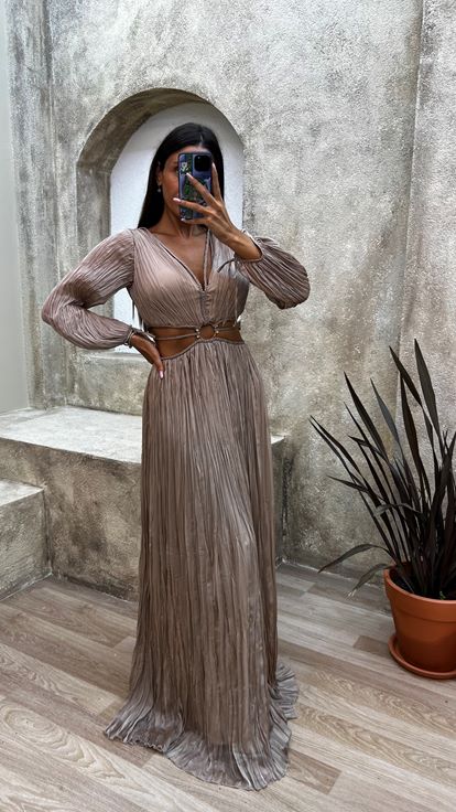 Beige Abito da sera plissé con dettaglio in vita