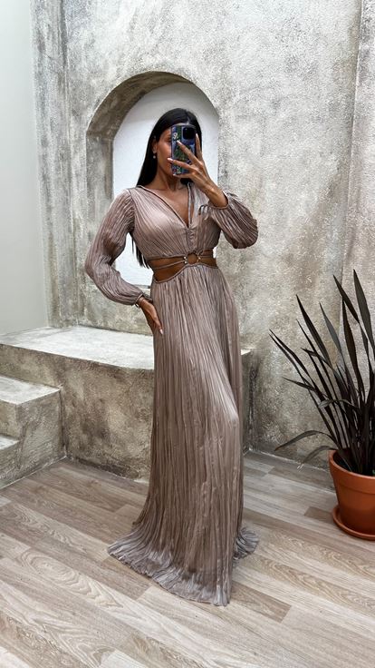 Beige Abito da sera plissé con dettaglio in vita