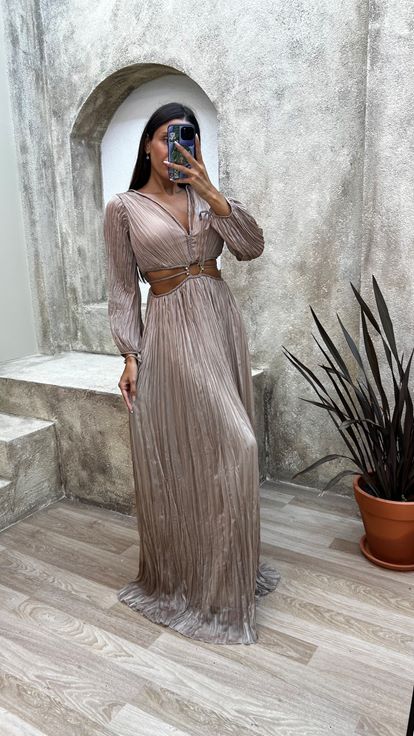 Beige Abito da sera plissé con dettaglio in vita