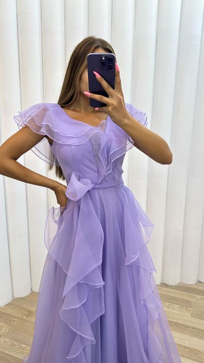Lila Sırt Detay Volanlı Tül Elbise