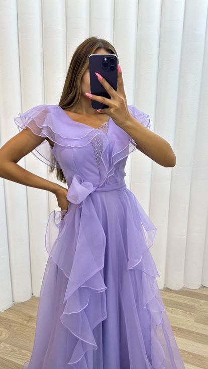 Lila Sırt Detay Volanlı Tül Elbise