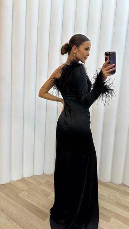 Black Single Sleeve Feather Detail Slit Evening Dress