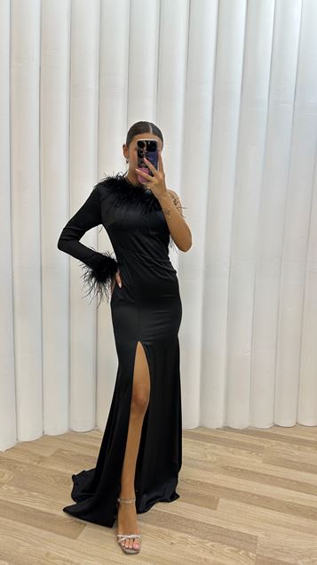 Black Single Sleeve Feather Detail Slit Evening Dress