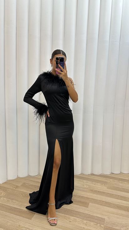 Black Single Sleeve Feather Detail Slit Evening Dress