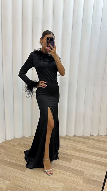 Black Single Sleeve Feather Detail Slit Evening Dress