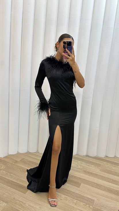 Black Single Sleeve Feather Detail Slit Evening Dress