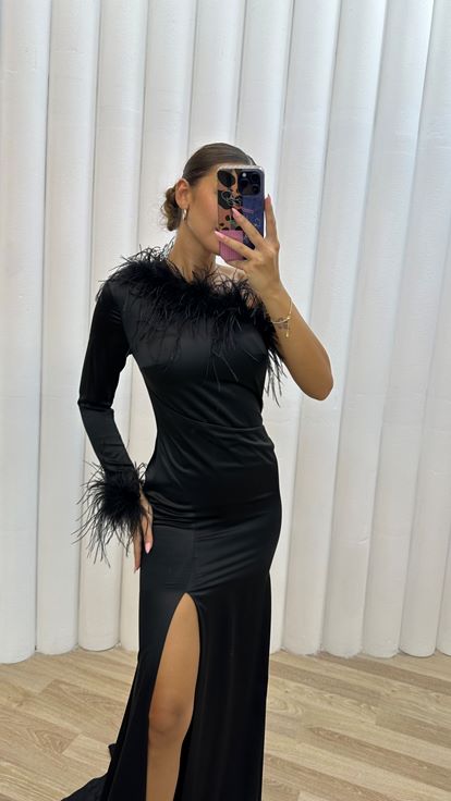 Black Single Sleeve Feather Detail Slit Evening Dress