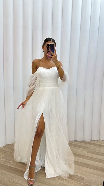 White Rope Strap Tulle Evening Dress