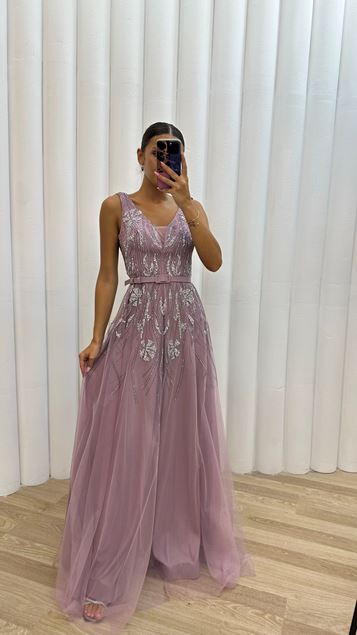 Powder Embroidered Belted Evening Dress