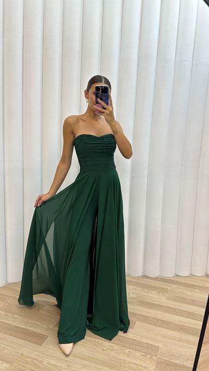 Emerald Strapless Draped Evening Dress Jumpsuit
