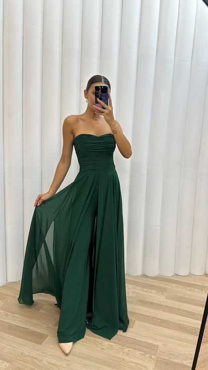 Emerald Strapless Draped Evening Dress Jumpsuit