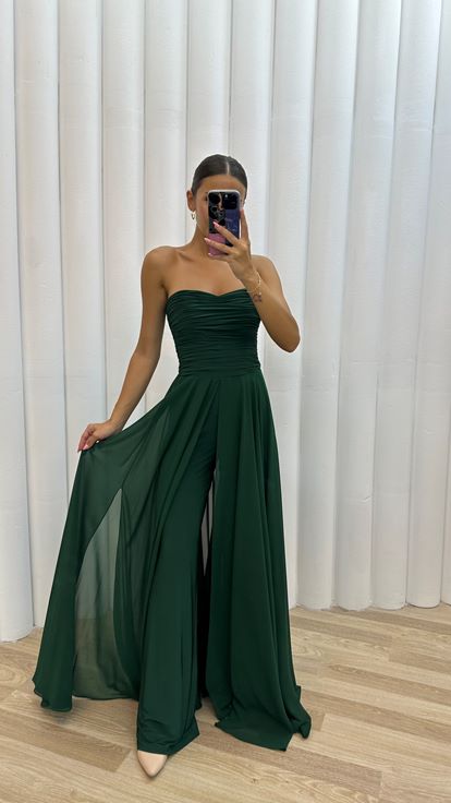 Emerald Strapless Draped Evening Dress Jumpsuit