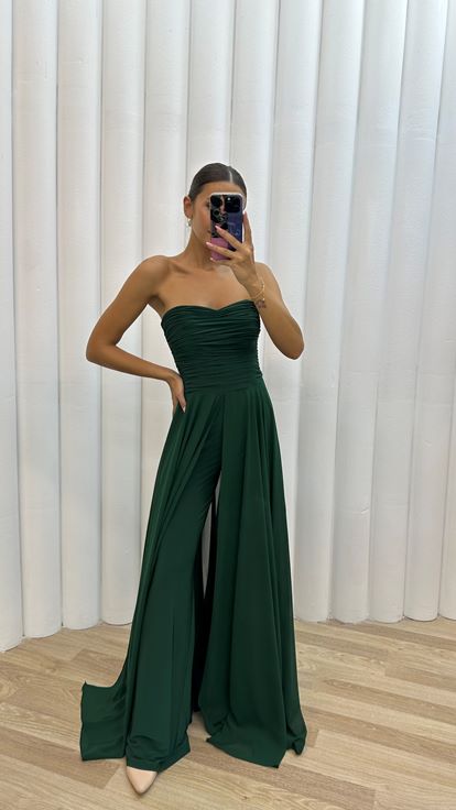 Emerald Strapless Draped Evening Dress Jumpsuit