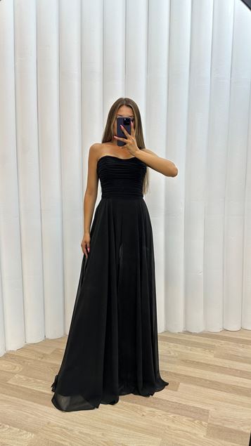 Black Strapless Draped Evening Dress Jumpsuit