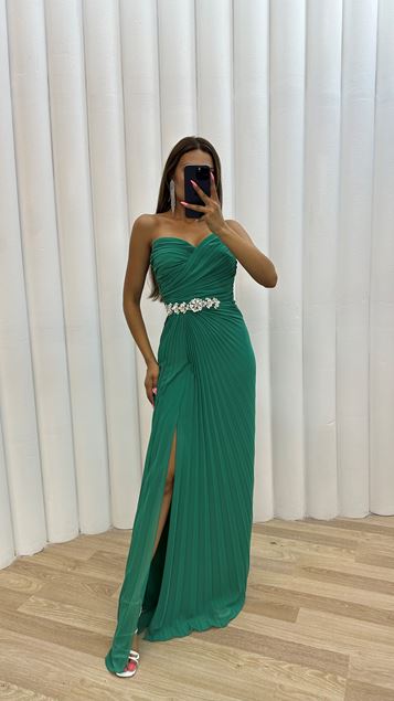 Emerald Strapless Brooch Detail Pleated Evening Dress