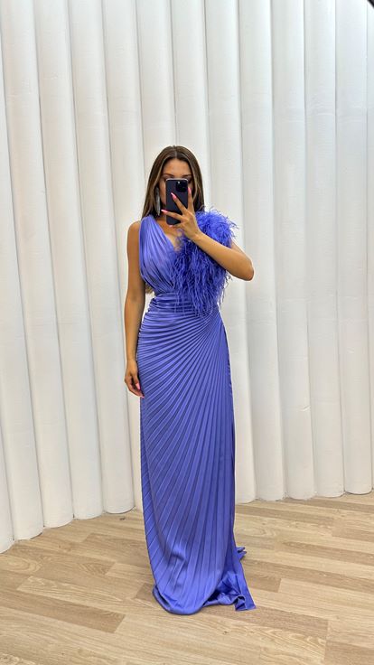 Lilac Pleated Satin Evening Dress with Feather Detail