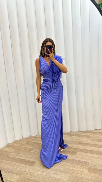 Lilac Pleated Satin Evening Dress with Feather Detail