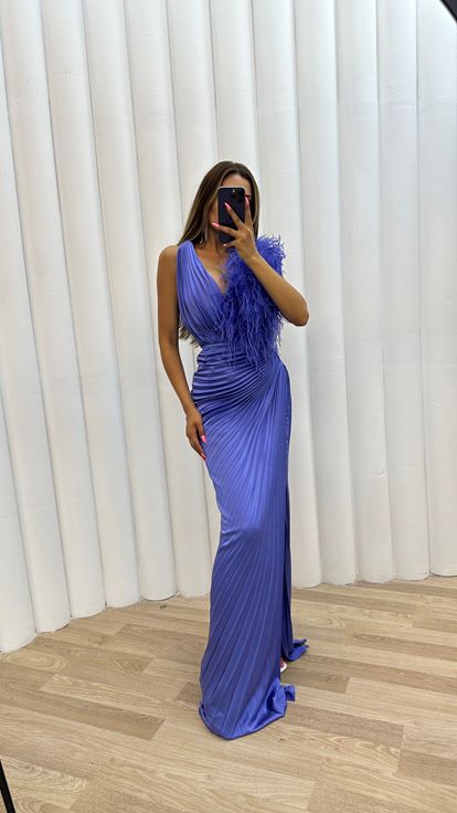 Lilac Pleated Satin Evening Dress with Feather Detail