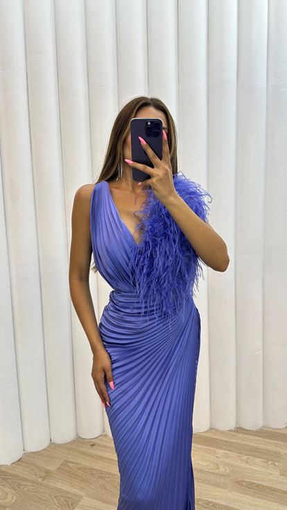 Lilac Pleated Satin Evening Dress with Feather Detail