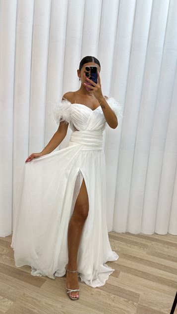 White Rope Strap Shoulders Feathered Tulle Evening Dress