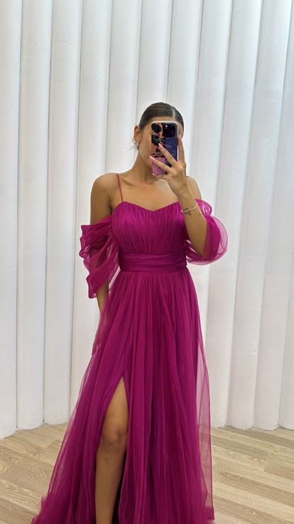 Pembe İp Askılı Tül Abiye Elbise