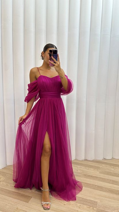 Pembe İp Askılı Tül Abiye Elbise