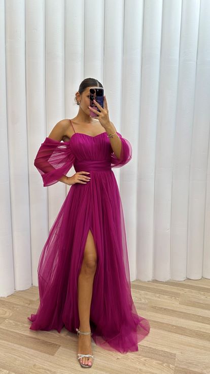 Pembe İp Askılı Tül Abiye Elbise