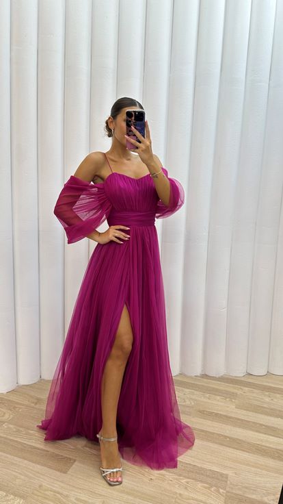 Pembe İp Askılı Tül Abiye Elbise