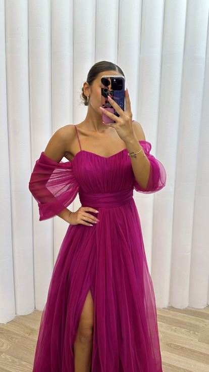 Pembe İp Askılı Tül Abiye Elbise