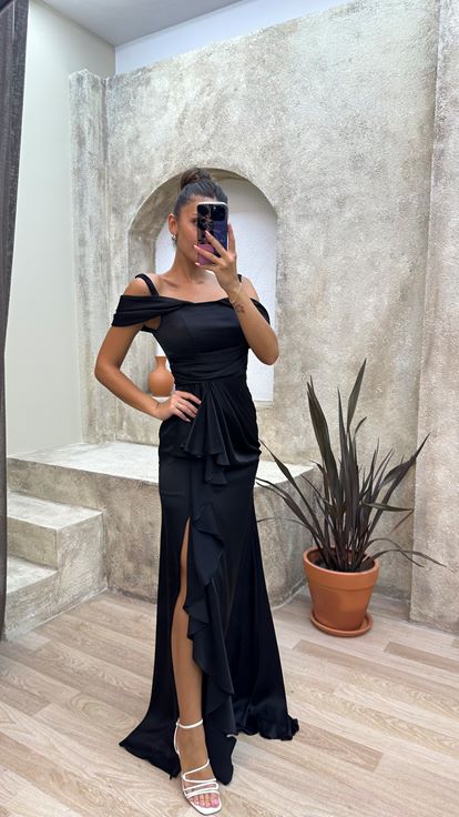 Black Shoulder Detail Volleyball Evening Dress