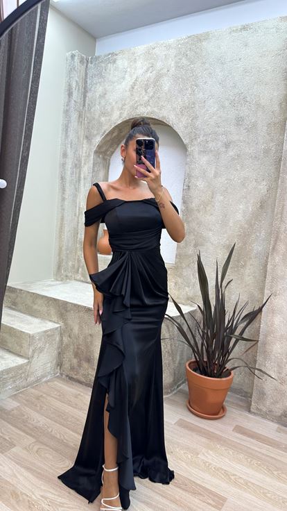 Black Shoulder Detail Volleyball Evening Dress
