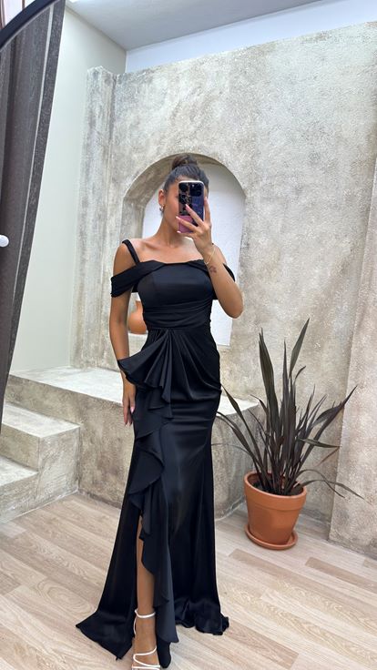 Black Shoulder Detail Volleyball Evening Dress