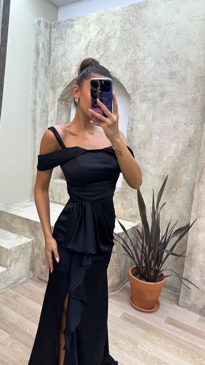 Black Shoulder Detail Volleyball Evening Dress