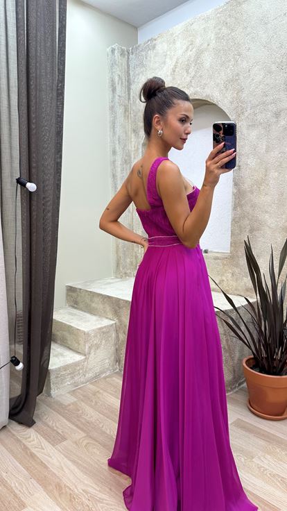 Fucsia One Shoulder Chest Burlesque Tessuto Abito da sera