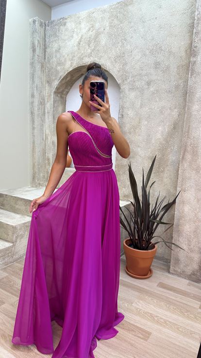 Fucsia One Shoulder Chest Burlesque Tessuto Abito da sera