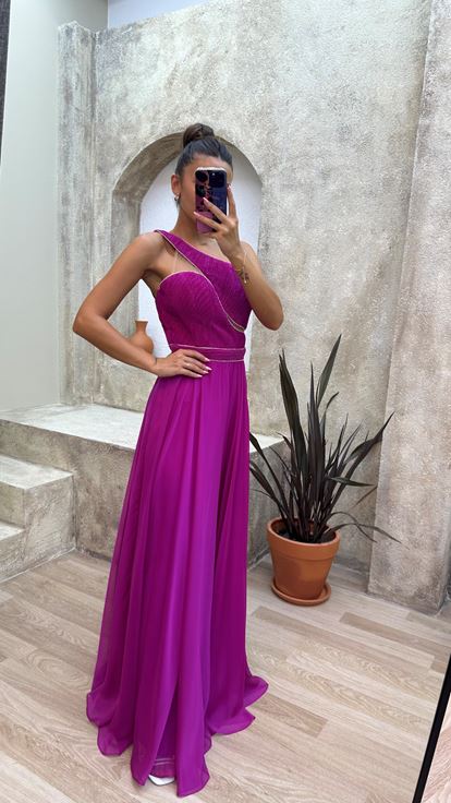 Fucsia One Shoulder Chest Burlesque Tessuto Abito da sera