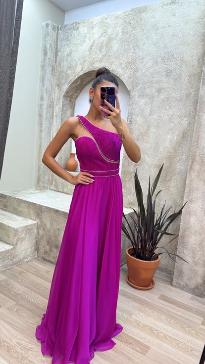 Fucsia One Shoulder Chest Burlesque Tessuto Abito da sera